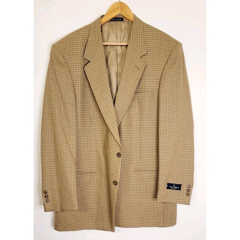 Vtg Nino Cerruti 46L Plaid Check‎ Blazer Jacket Sport Coat Brown Gold NWT
